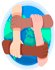Ilustración de cuatro manos de diferentes tonos de piel entrelazadas formando un cuadrado, con un globo terráqueo de fondo, representando la solidaridad y la unión entre culturas.
